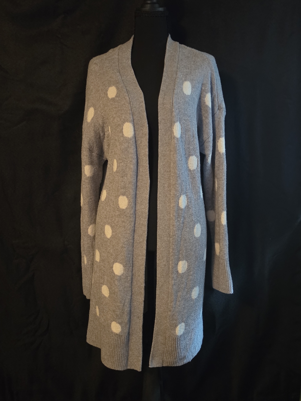 Sincerely Jules Gray Polka Dot Open Front Duster Cardigan Sweater - Size L
